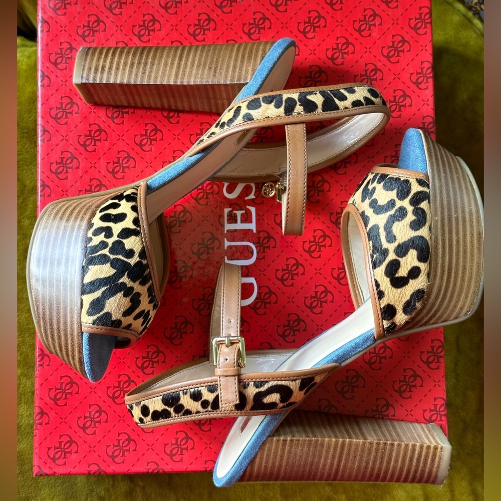 Guess Leopard Print and Denim Platform Heels
